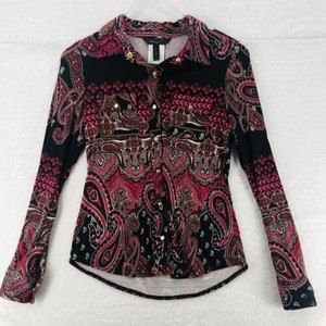 BCBG MaxAzria Paisley Knit Shirt Small PS Long Sleeves Epaulets Snap Buttons